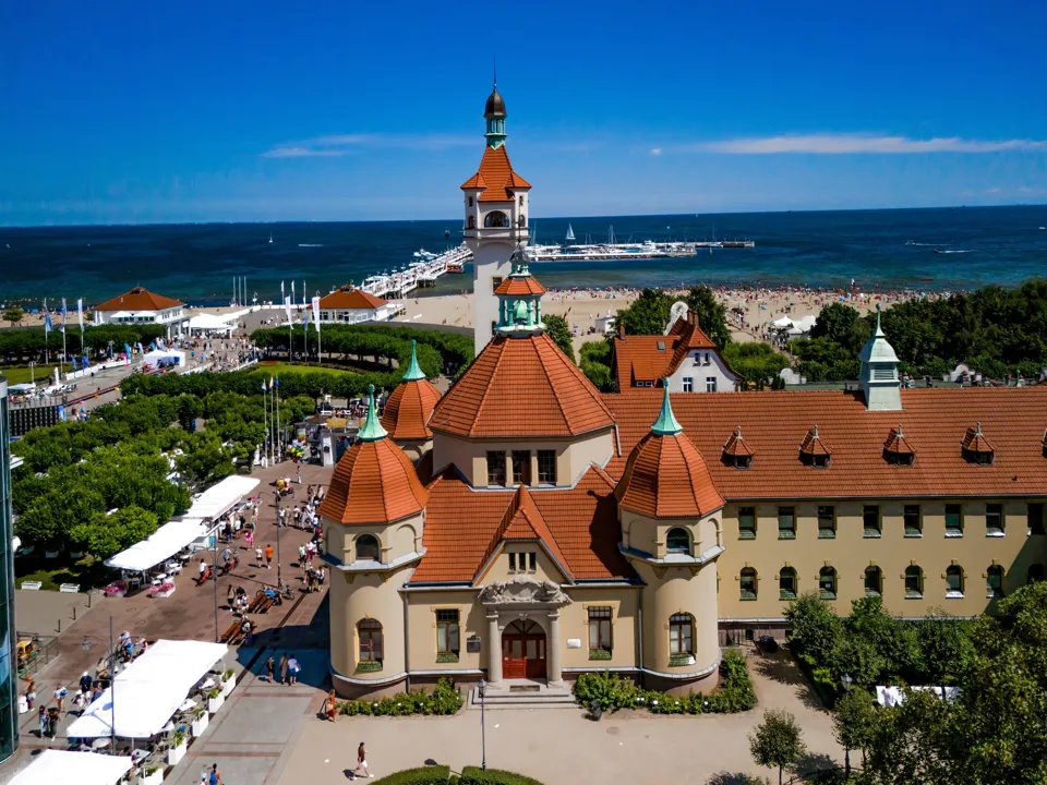 An aerial view of Sopot pier and beach